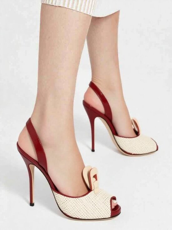 Manolo Blahnik Shoes - Manolo Blahnik Red Leather Ivory Slingback Peep Toe Heels Sz 39